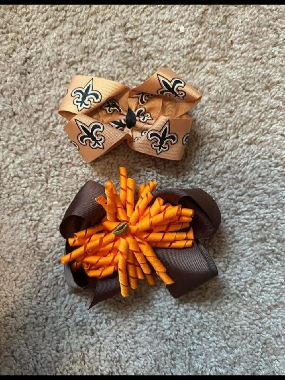 Kids Hair Bow Set with Gold Fleur-de-Lis and Orange Brown Pom Accent